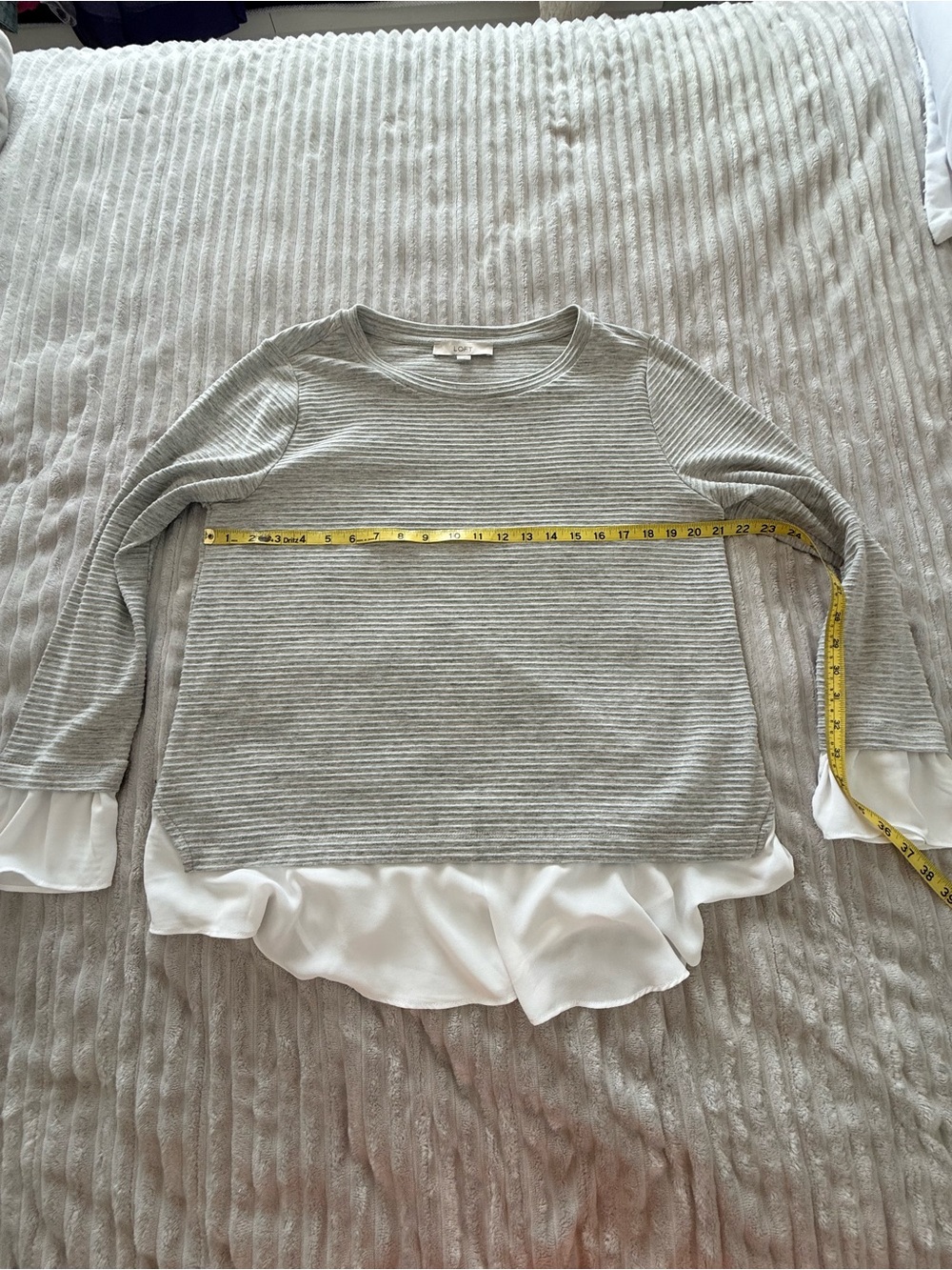 LOFT Light Gray Striped Sweatshirt with White Chiffon Trim